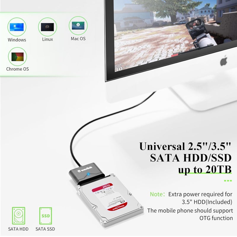 WAVLINK SATA to USB Type-A Hard Drive Cable, 5Gbps USB3.0, Supports UASP, External Hard Drive SATA I/II/III Connector, 2.5" SSD/HDD and 3.5" HDD up to 20TB, Power Adapter Included - Image 4